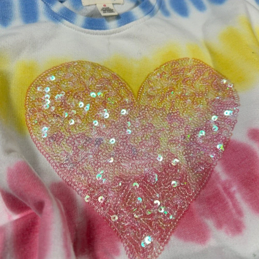 Hatley Girls Tie Dye Dress Rainbow Sequin Heart Elastic Waist Summer Pink Size 6